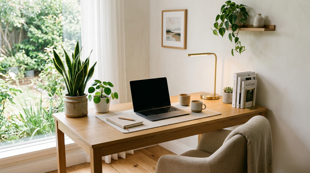 Home office desk with laptop, plants, books, and a lamp near a window